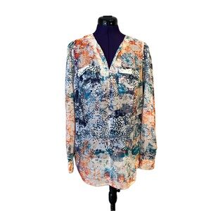 Orange White and Blue Sheer Patterned Long Sleeve Top